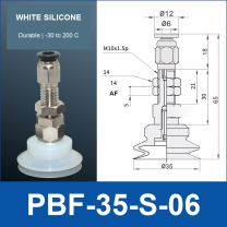 PBF-35-S-06 PBF flat vacuum cup assembly, white silicone, with technical dimensions