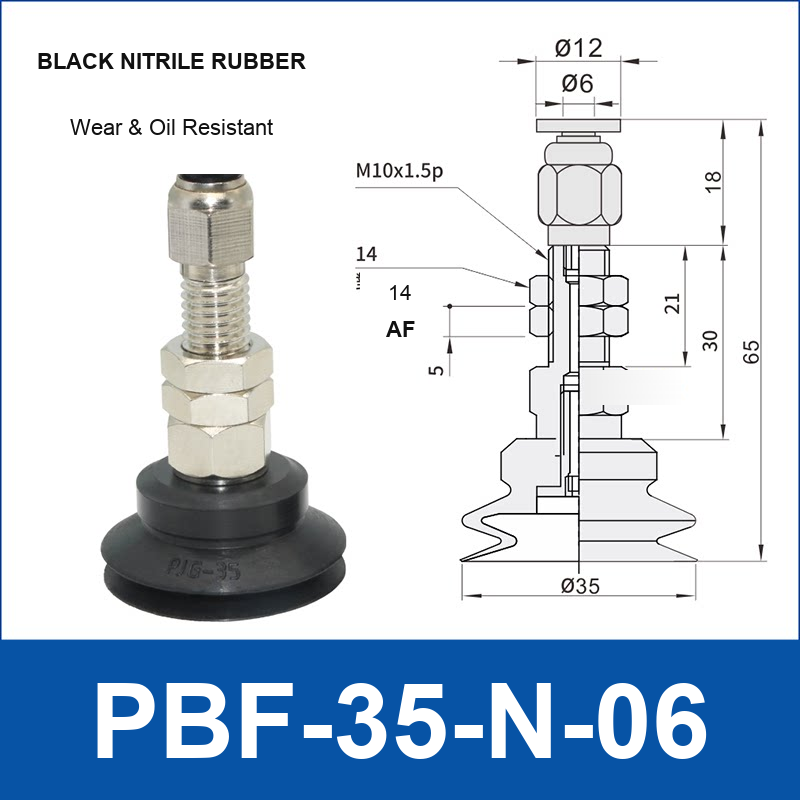 PBF-35-N-06 PBF flat vacuum cup assembly, black nitrile rubber, with technical dimensions
