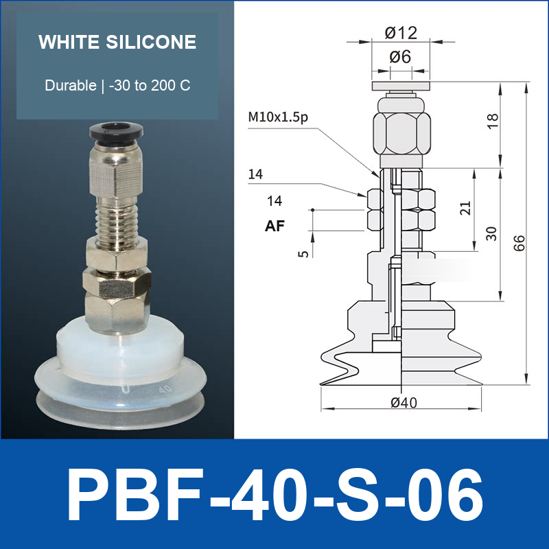 PBF-40-S-06 PBF flat vacuum cup assembly, white silicone, with technical dimensions