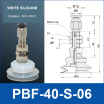 PBF-40-S-06 PBF flat vacuum cup assembly, white silicone, with technical dimensions