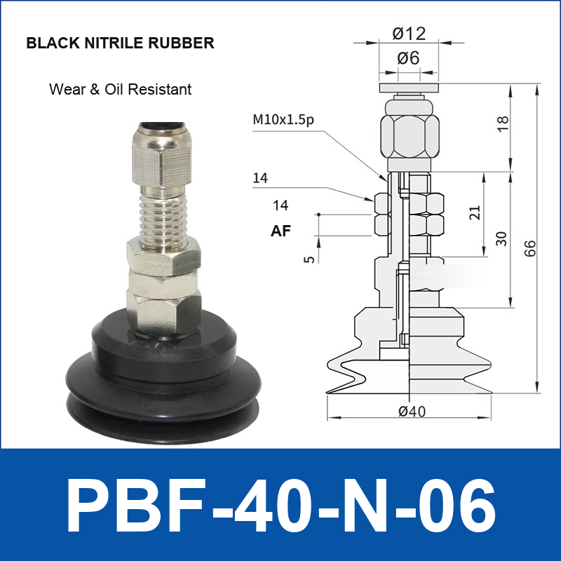 PBF-40-N-06 PBF flat vacuum cup assembly, black nitrile rubber, with technical dimensions
