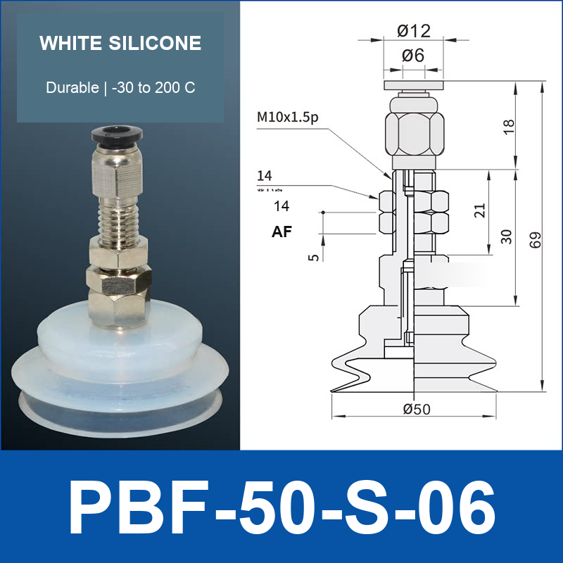 PBF-50-S-06 PBF flat vacuum cup assembly, white silicone, with technical dimensions