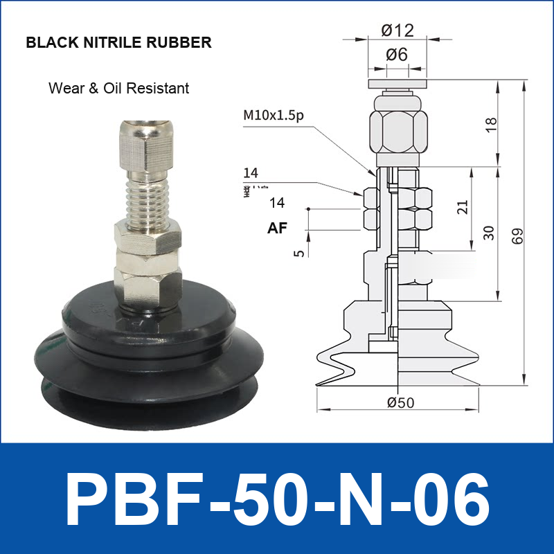 PBF-50-N-06 PBF flat vacuum cup assembly, black nitrile rubber, with technical dimensions