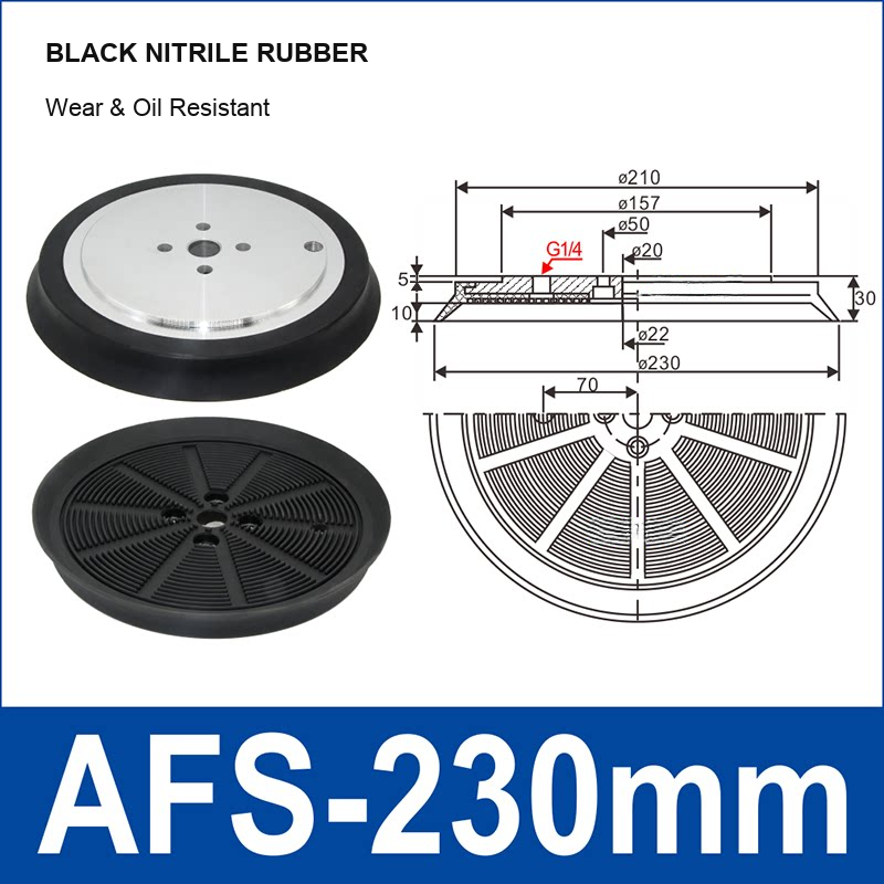 AFS-230, 230 mm large flat black nitrile rubber vacuum cup with metal mounting plate, G1/4 port and dimensions