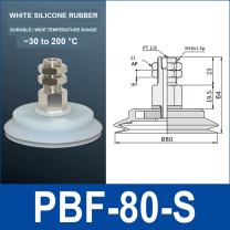PBF-80-S white silicone rubber vacuum suction cup, 80 mm diameter, with product view and dimensional drawing