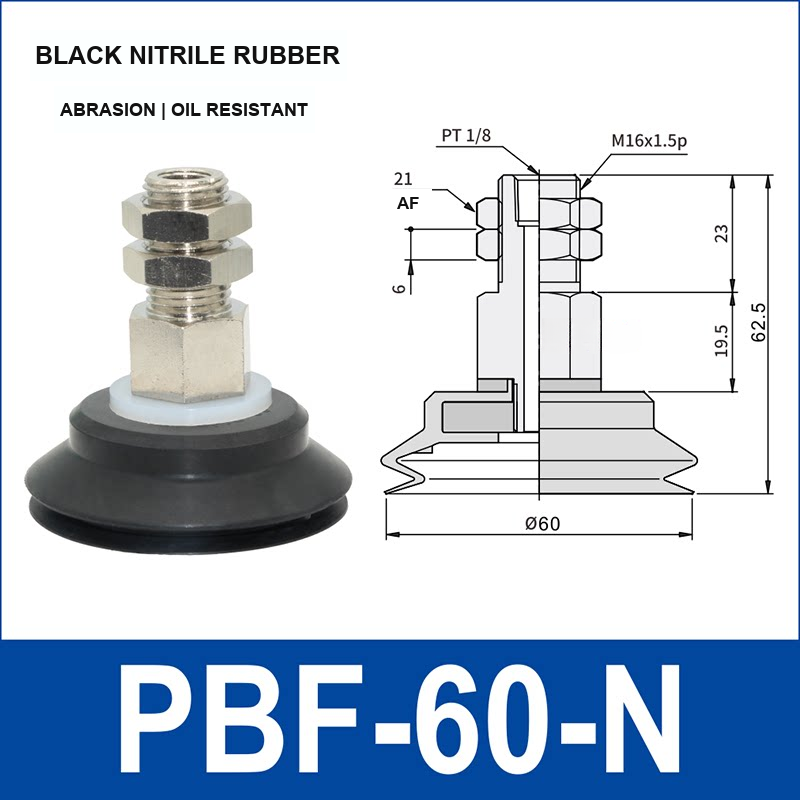 PBF-60-N black nitrile rubber vacuum suction cup, 60 mm diameter, with product view and dimensional drawing