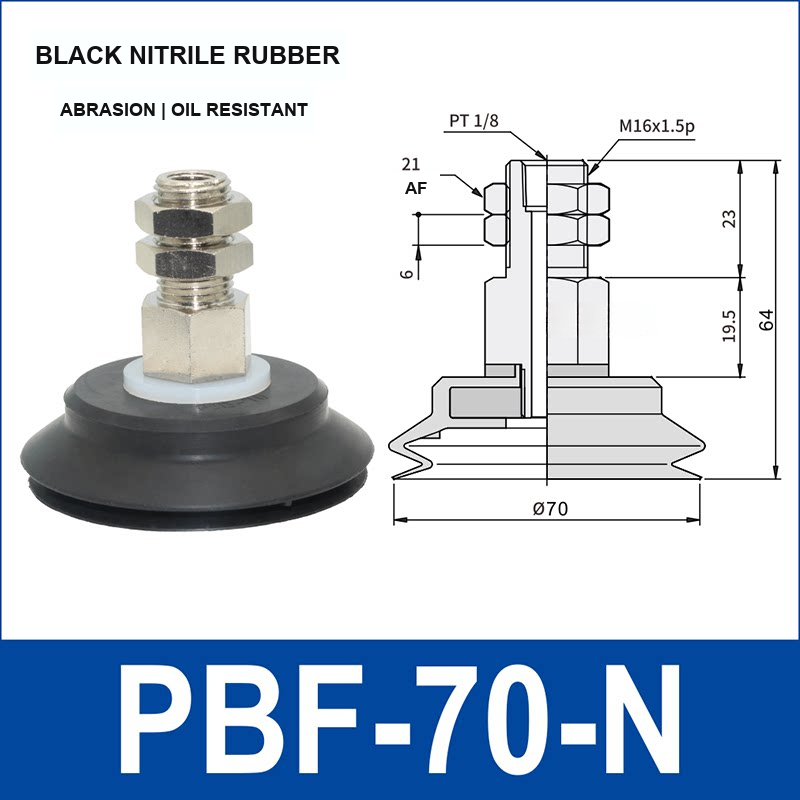 PBF-70-N black nitrile rubber vacuum suction cup, 70 mm diameter, with product view and dimensional drawing