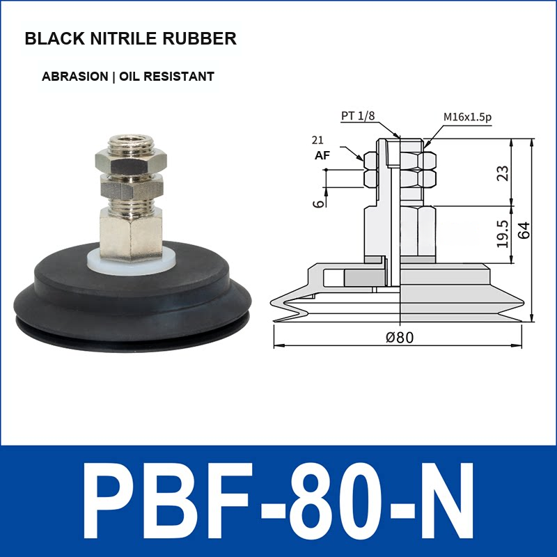 PBF-80-N black nitrile rubber vacuum suction cup, 80 mm diameter, with product view and dimensional drawing