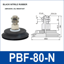 PBF-80-N black nitrile rubber vacuum suction cup, 80 mm diameter, with product view and dimensional drawing