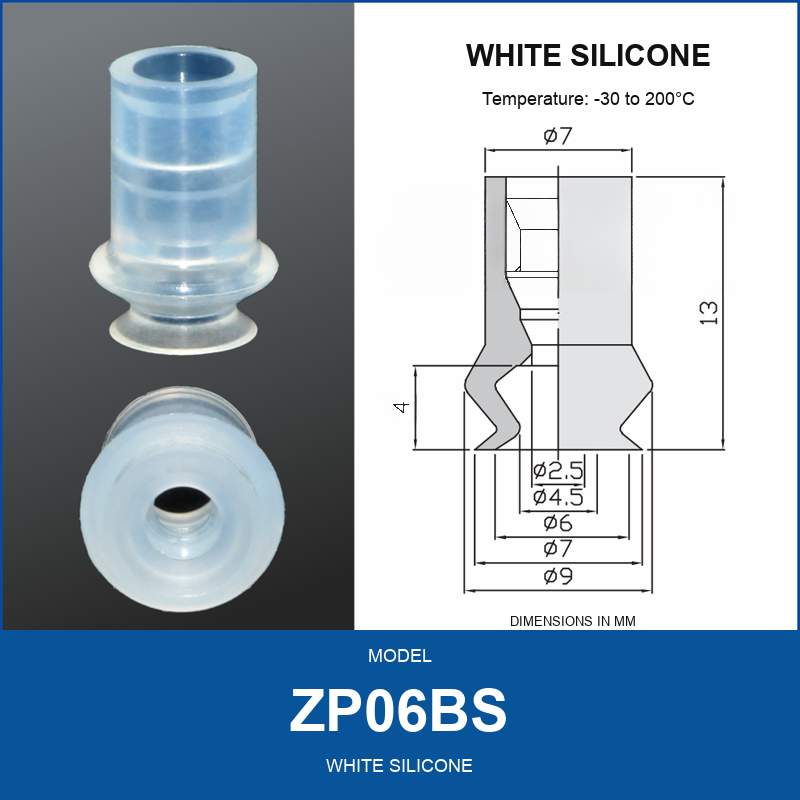 ZP06BS White Silicone mini vacuum cup with dimensional drawing