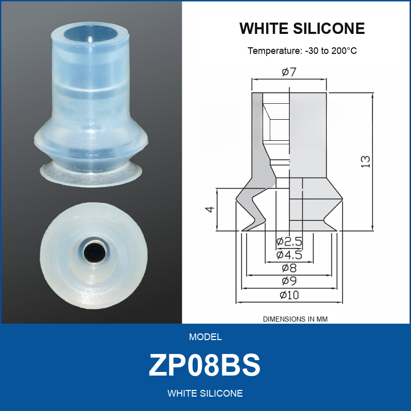 ZP08BS White Silicone mini vacuum cup with dimensional drawing