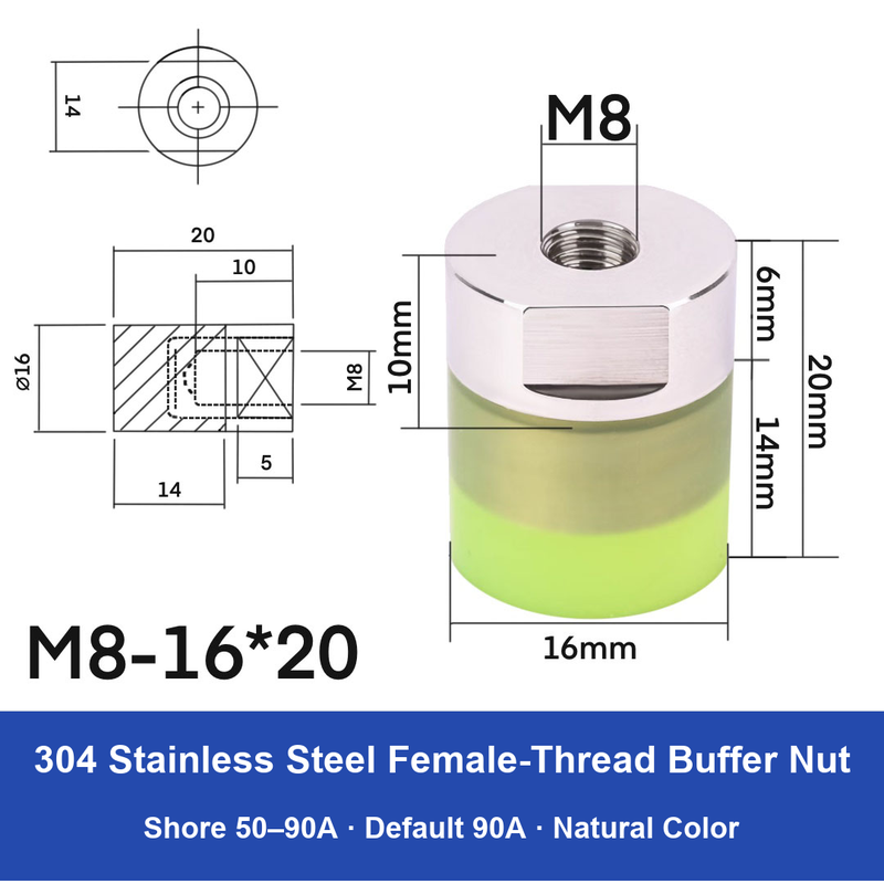 Female Thread M8 – Ø16 × 20 mm, 304 stainless steel polyurethane-coated buffer component