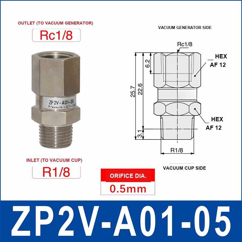 ZP2V-A01-05 ZP2V vacuum safety valve with product view and dimensional drawing