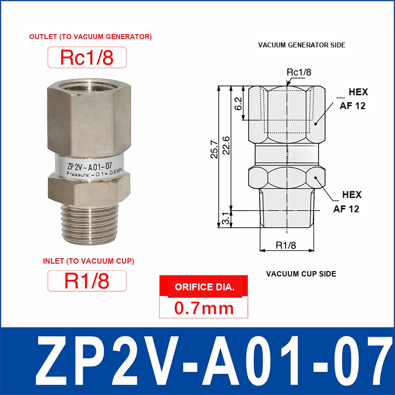 ZP2V-A01-07 ZP2V vacuum safety valve with product view and dimensional drawing
