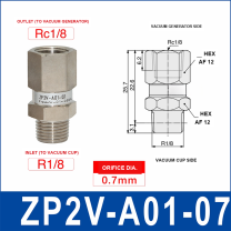 ZP2V-A01-07 ZP2V vacuum safety valve with product view and dimensional drawing