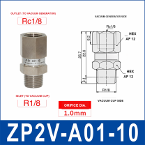 ZP2V-A01-10 ZP2V vacuum safety valve with product view and dimensional drawing