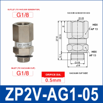 ZP2V-AG1-05 ZP2V vacuum safety valve with product view and dimensional drawing