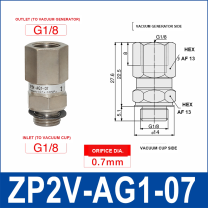 ZP2V-AG1-07 ZP2V vacuum safety valve with product view and dimensional drawing