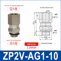 ZP2V-AG1-10 ZP2V vacuum safety valve with product view and dimensional drawing