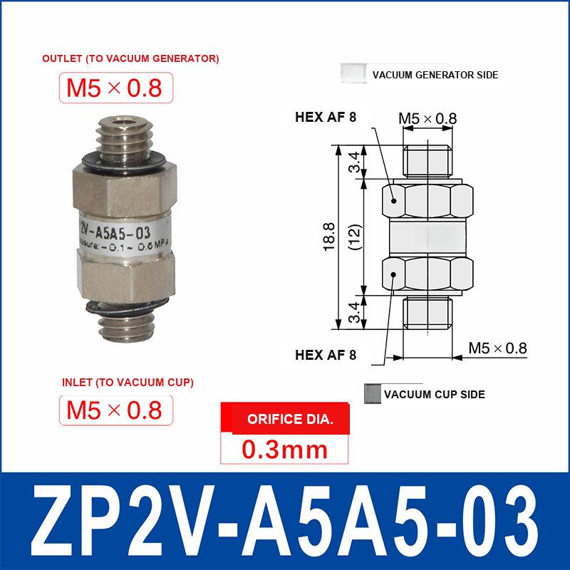 ZP2V-A5A5-03 ZP2V vacuum safety valve with product view and dimensional drawing