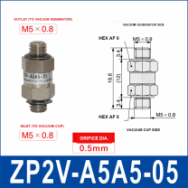 ZP2V-A5A5-05 ZP2V vacuum safety valve with product view and dimensional drawing