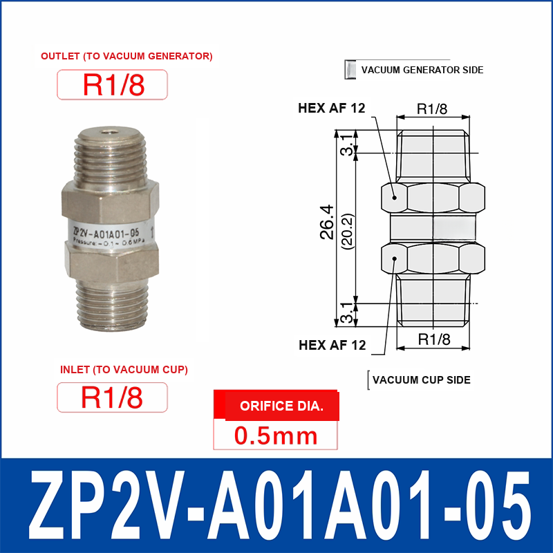 ZP2V-A01A01-05 ZP2V vacuum safety valve with product view and dimensional drawing