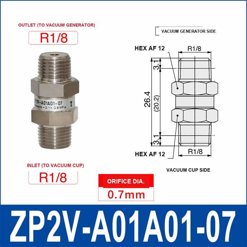 ZP2V-A01A01-07 ZP2V vacuum safety valve with product view and dimensional drawing