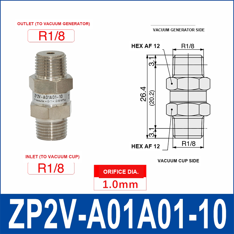 ZP2V-A01A01-10 ZP2V vacuum safety valve with product view and dimensional drawing
