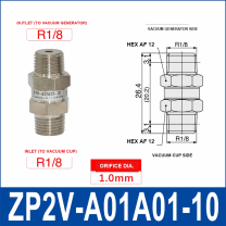 ZP2V-A01A01-10 ZP2V vacuum safety valve with product view and dimensional drawing