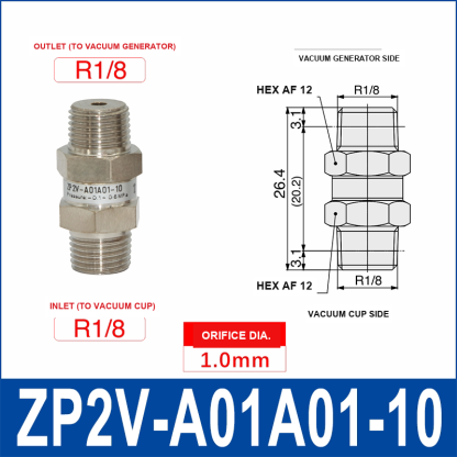 ZP2V-A01A01-10 ZP2V vacuum safety valve with product view and dimensional drawing