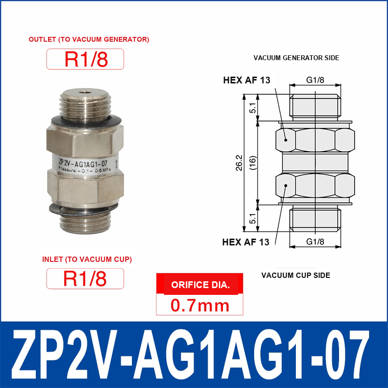 ZP2V-AG1AG1-07 ZP2V vacuum safety valve with product view and dimensional drawing