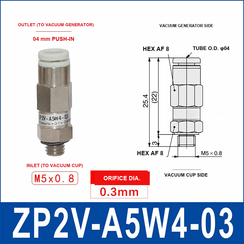 ZP2V-A5W4-03 ZP2V vacuum safety valve with product view and dimensional drawing