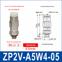 ZP2V-A5W4-05 ZP2V vacuum safety valve with product view and dimensional drawing