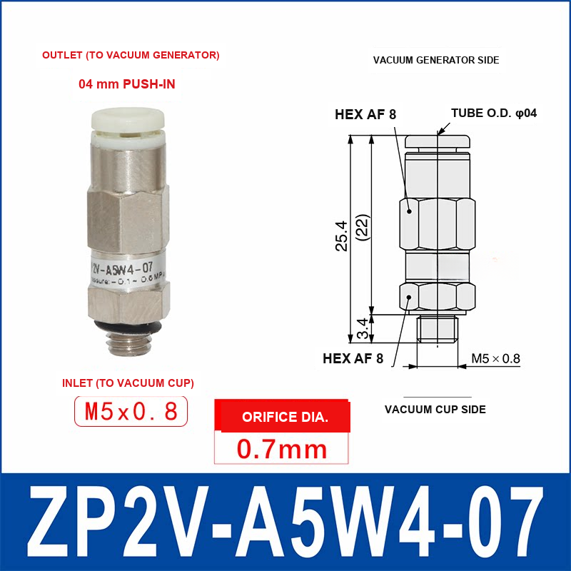 ZP2V-A5W4-07 ZP2V vacuum safety valve with product view and dimensional drawing