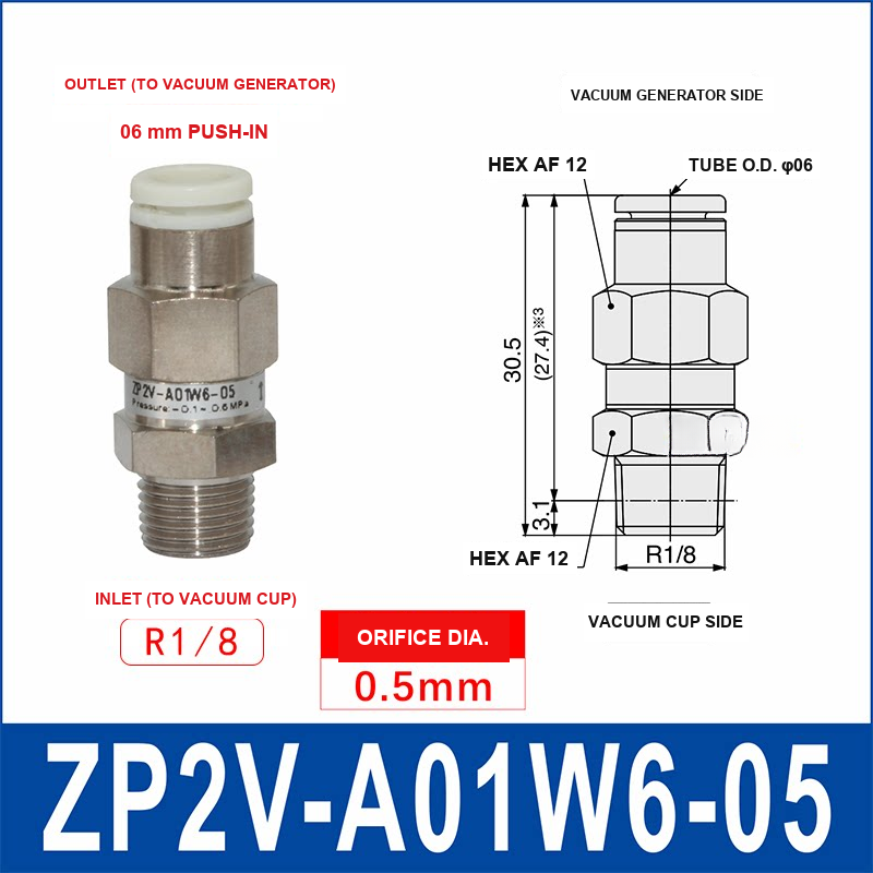 ZP2V-A01W6-05 ZP2V vacuum safety valve with product view and dimensional drawing