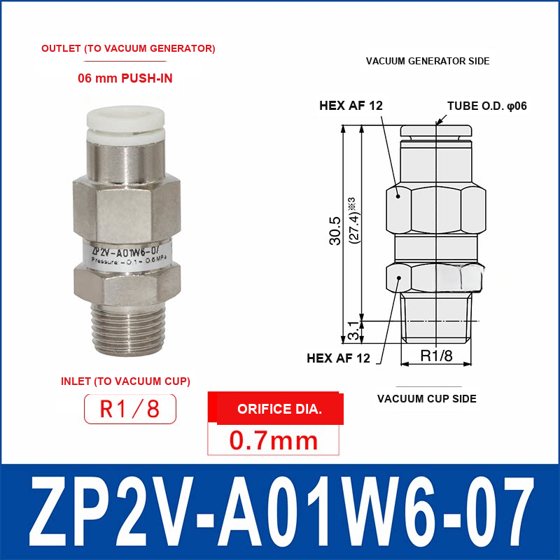 ZP2V-A01W6-07 ZP2V vacuum safety valve with product view and dimensional drawing