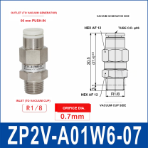 ZP2V-A01W6-07 ZP2V vacuum safety valve with product view and dimensional drawing