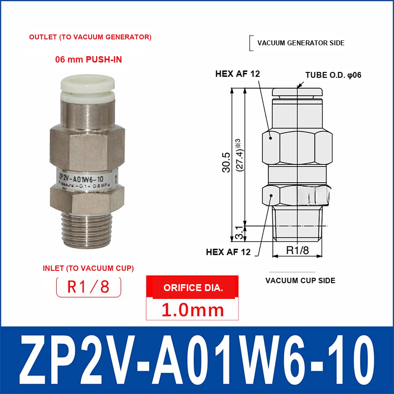 ZP2V-A01W6-10 ZP2V vacuum safety valve with product view and dimensional drawing