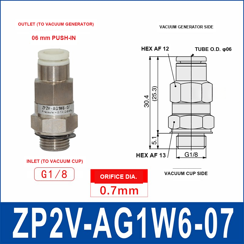 ZP2V-AG1W6-07 ZP2V vacuum safety valve with product view and dimensional drawing