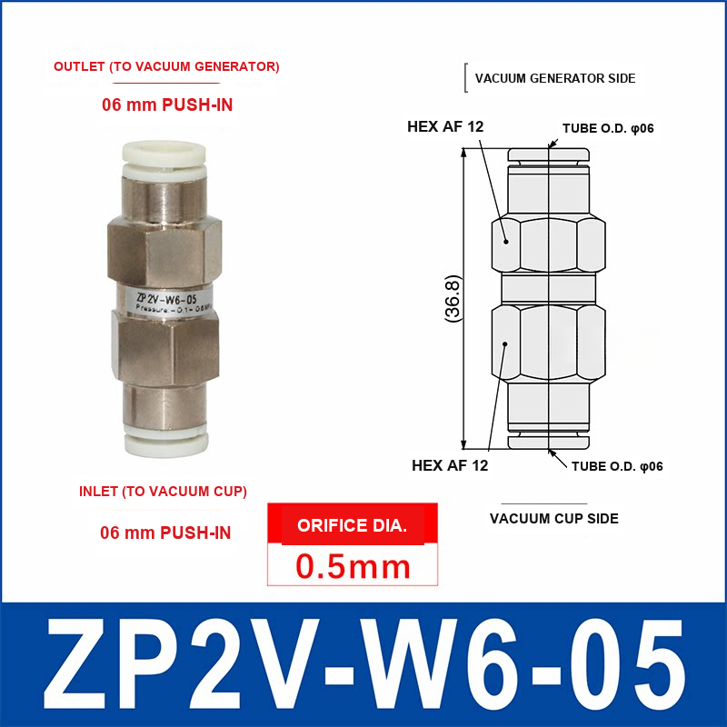 ZP2V-W6-05 ZP2V vacuum safety valve with product view and dimensional drawing