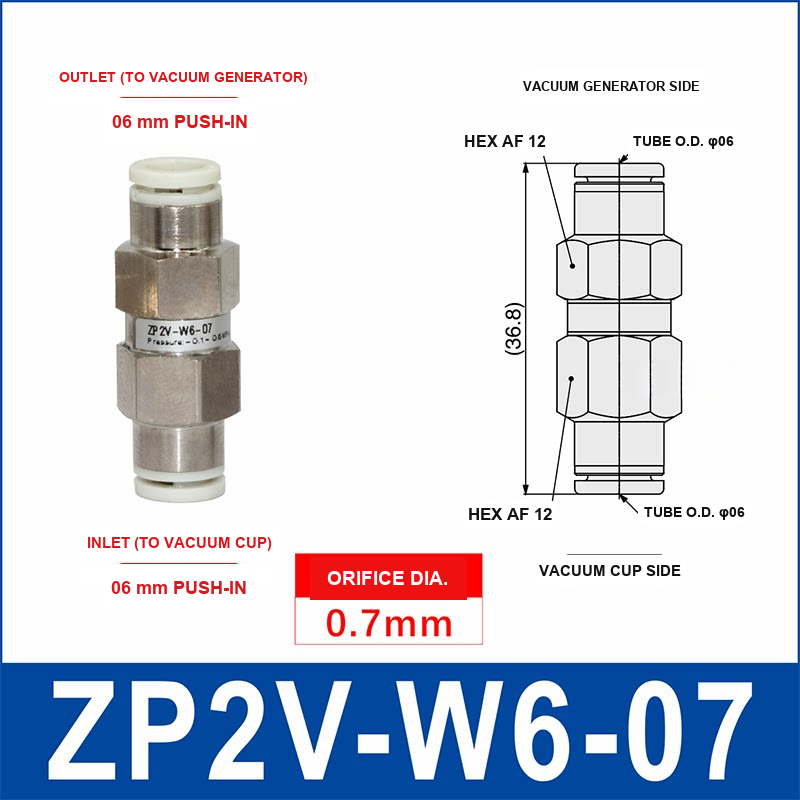 ZP2V-W6-07 ZP2V vacuum safety valve with product view and dimensional drawing