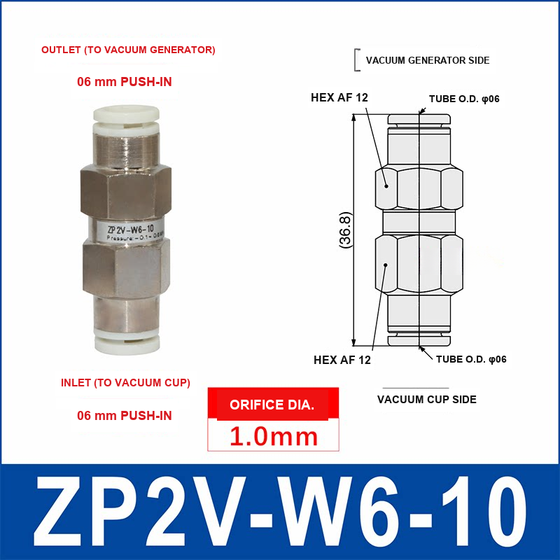 ZP2V-W6-10 ZP2V vacuum safety valve with product view and dimensional drawing