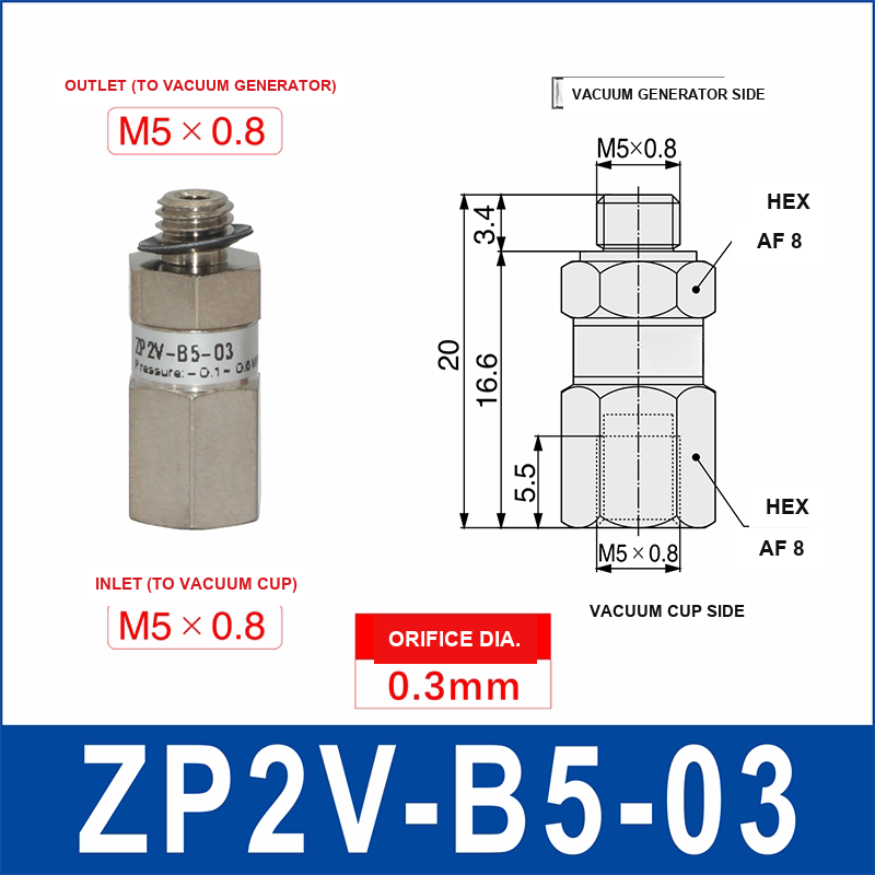 ZP2V-B5-03 ZP2V vacuum safety valve with product view and dimensional drawing