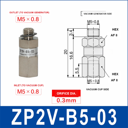ZP2V-B5-03 ZP2V vacuum safety valve with product view and dimensional drawing