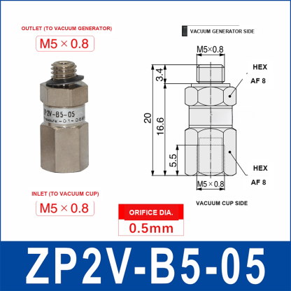 ZP2V-B5-05 ZP2V vacuum safety valve with product view and dimensional drawing