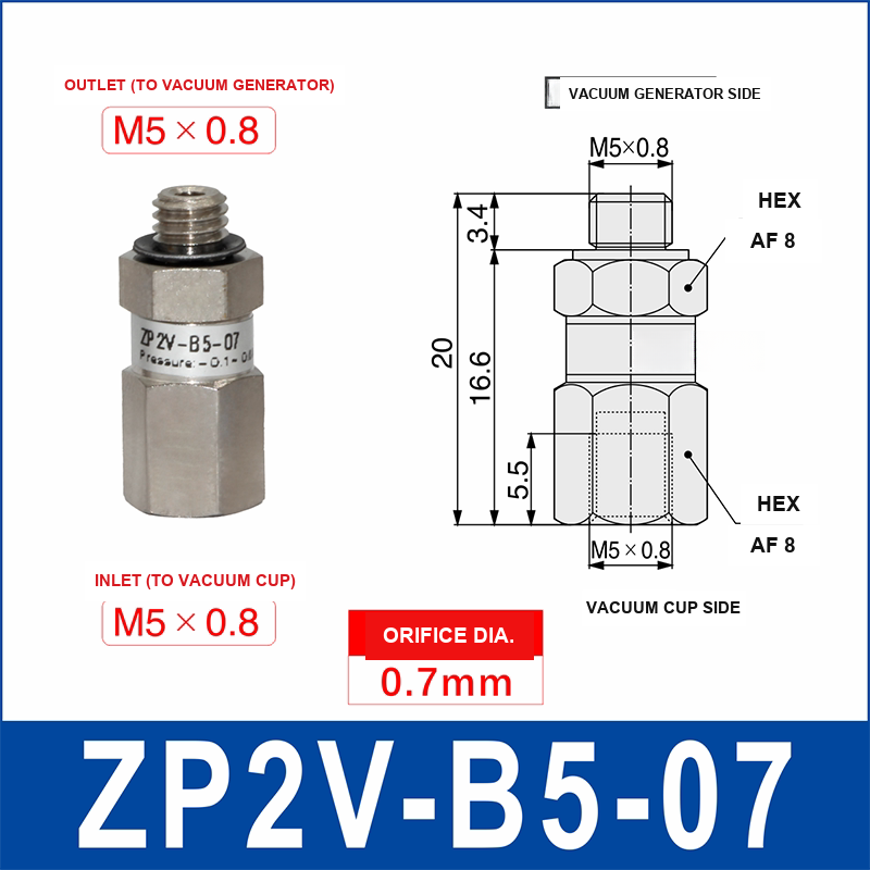 ZP2V-B5-07 ZP2V vacuum safety valve with product view and dimensional drawing