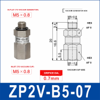 ZP2V-B5-07 ZP2V vacuum safety valve with product view and dimensional drawing