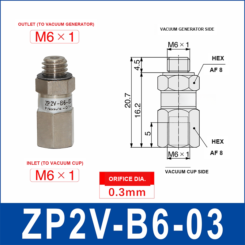 ZP2V-B6-03 ZP2V vacuum safety valve with product view and dimensional drawing