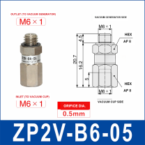 ZP2V-B6-05 ZP2V vacuum safety valve with product view and dimensional drawing