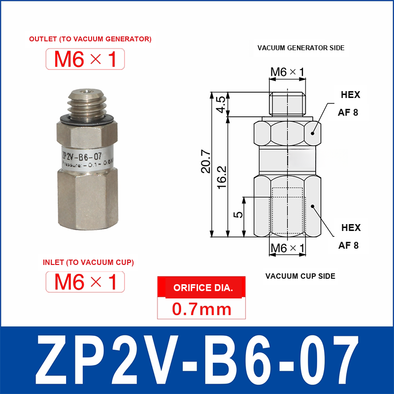 ZP2V-B6-07 ZP2V vacuum safety valve with product view and dimensional drawing